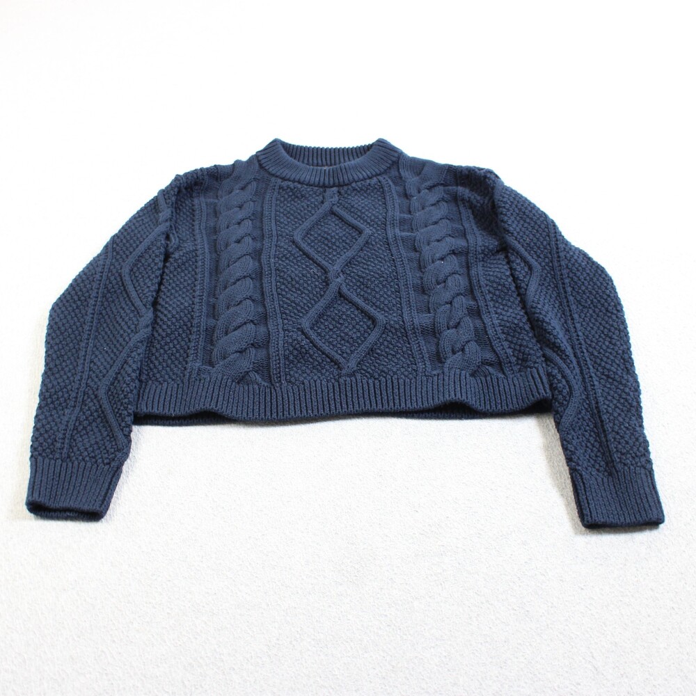 Quince Sweater Women XS Blue Cable Knit Organic Cotton Cropped Cozy Chunky Comfy